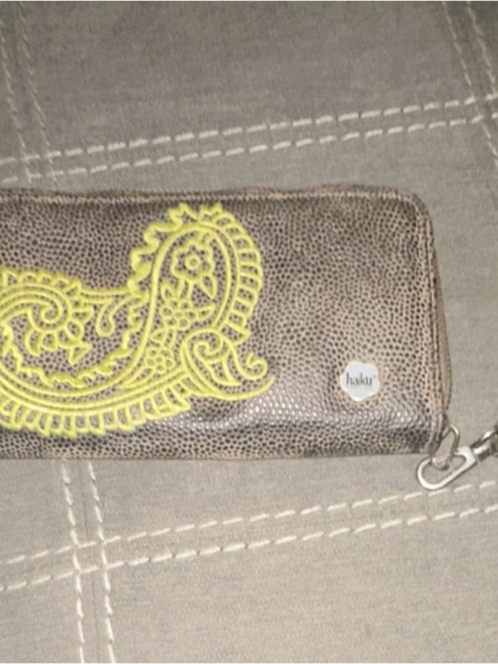 Haiku Brown Zip Card Holder with Yellow Paisley Accent